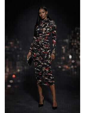 Adrienne Landau Onyx Ruched Mesh Midi Dress Size M Black Red Abstract NWT